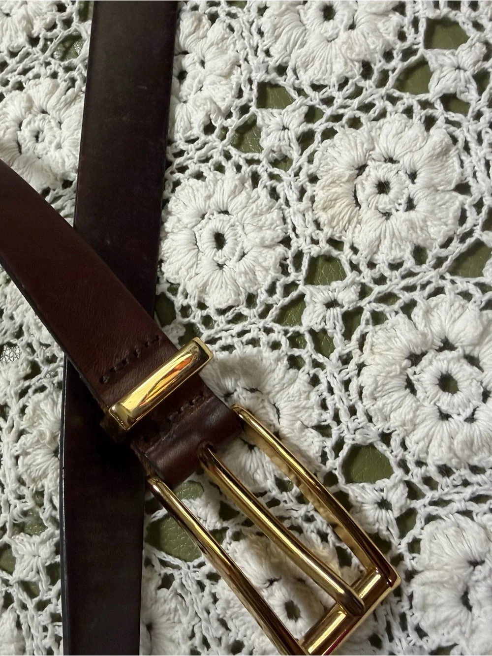 Vtg Brown Leather Belt with Gold-Tone Double Bar Buckle 43”